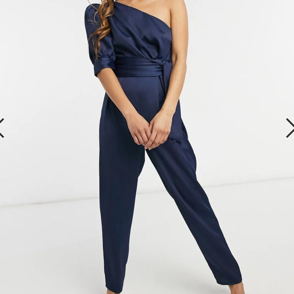 NEW ASOS DESIGN one shoulder puff sleeve jumpsuit in navy Size 2